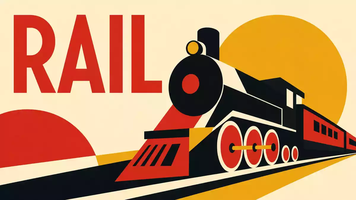 Bauhaus-Stil Poster mit geometrischen Zugformen und dem Wort RAIL