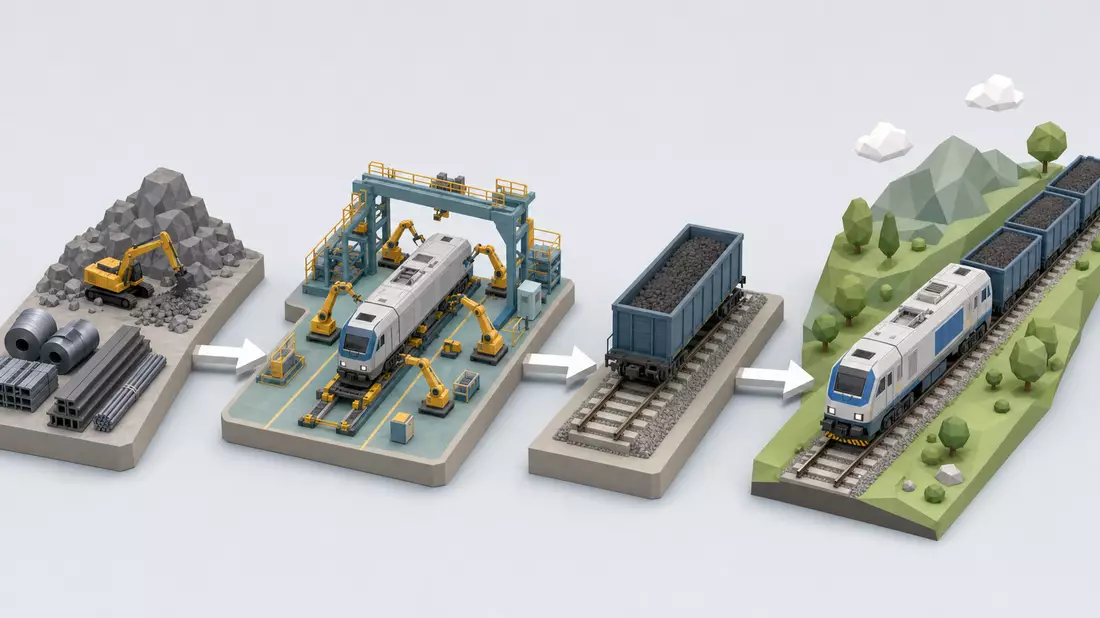 Isometrische 3D-Illustration einer Wertschöpfungskette der Bahntechnik