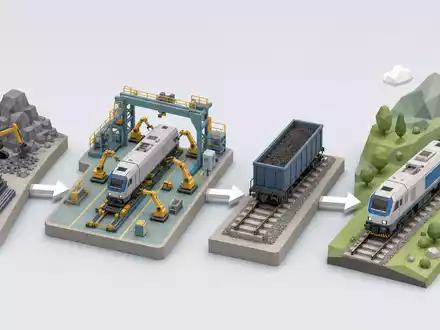 Isometrische 3D-Grafik der Bahntechnik-Wertschöpfungskette illustriert anschaulich Wabtec, ISIN US9297401088, von Rohstoff bis Zugmontage - Foto: THN