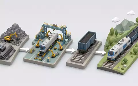 Isometrische 3D-Grafik der Bahntechnik-Wertschöpfungskette illustriert anschaulich Wabtec, ISIN US9297401088, von Rohstoff bis Zugmontage - Foto: THN