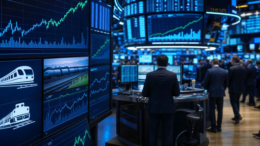 Editorialfoto eines Börsenparketts mit Charts zu Bahntechnik-Aktien