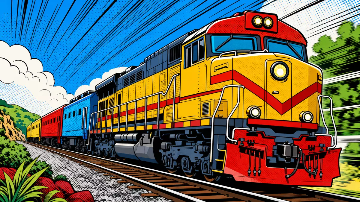 Pop-Art-Comic-Illustration einer bunten stilisierten Lokomotive in Fahrt