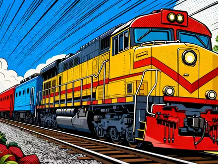 Pop-Art-Comic-Szene mit stilisierter Lokomotive ist farbenfroh gestaltet für Wabtec, ISIN US9297401088, passend zum Bahntechnik-Thema - Foto: THN