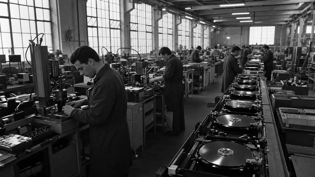 Schwarzweiß-Fabrikszene, thematisch zu Western Digital, ISIN US9581021055