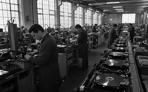 Historische Schwarzweißaufnahme dokumentiert Festplattenproduktion von Western Digital, ISIN US9581021055, in moderner Fabrikhalle - Foto: THN