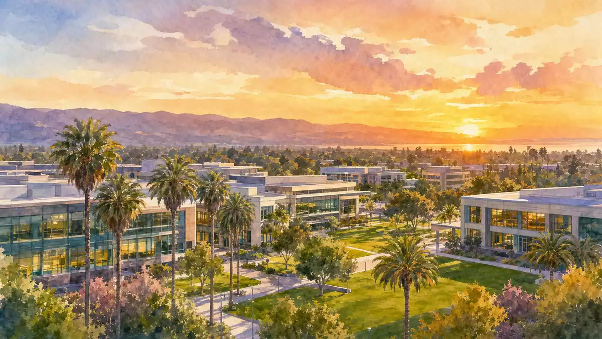 Aquarell-Skyline eines Tech-Campus, Bezug zu Western Digital, US9581021055