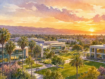 Aquarellbild zeigt Firmensitz-Skyline von Western Digital, ISIN US9581021055, nahe kalifornischer Technologie-Küste am Abend - Foto: THN