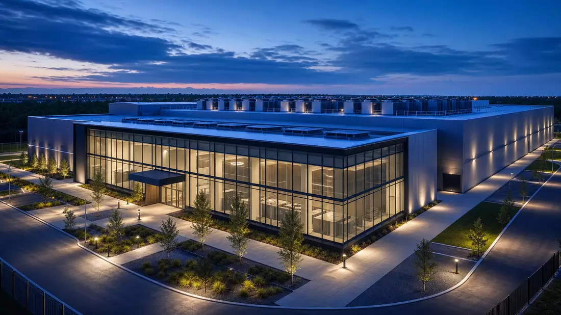 Rechenzentrum-Render bei Nacht, Bezug zu Western Digital, ISIN US9581021055