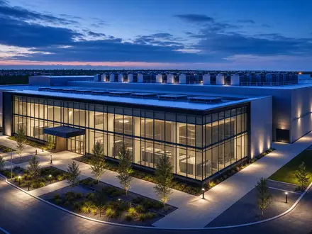 Architektur-Render zeigt modernes Rechenzentrum von Western Digital, ISIN US9581021055, mit gläserner Fassade und Serverkühlung - Foto: THN
