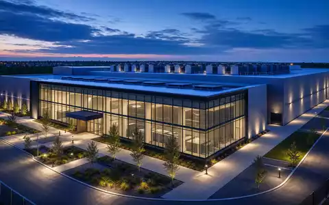 Architektur-Render zeigt modernes Rechenzentrum von Western Digital, ISIN US9581021055, mit gläserner Fassade und Serverkühlung - Foto: THN