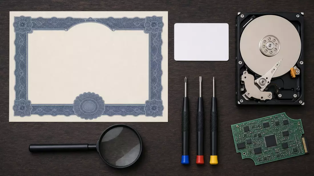 Flatlay mit Zertifikat und Festplatte, Motiv Western Digital, US9581021055