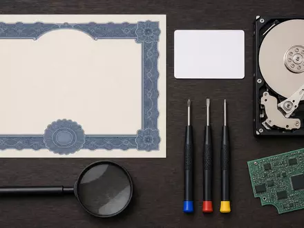 Flatlay-Arrangement zeigt Aktienzertifikat, ISIN-Karte und Festplattenkomponenten von Western Digital, ISIN US9581021055, ordentlich drapiert - Foto: THN