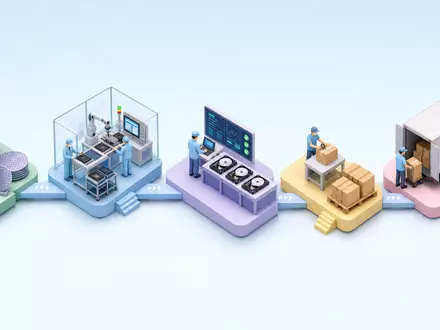 Isometrische 3D-Grafik visualisiert Wertschöpfungskette der Datenspeicherproduktion von Western Digital, ISIN US9581021055, schematisch dargestellt - Foto: THN