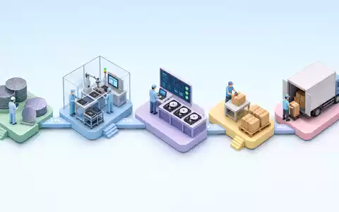 Isometrische 3D-Grafik visualisiert Wertschöpfungskette der Datenspeicherproduktion von Western Digital, ISIN US9581021055, schematisch dargestellt - Foto: THN