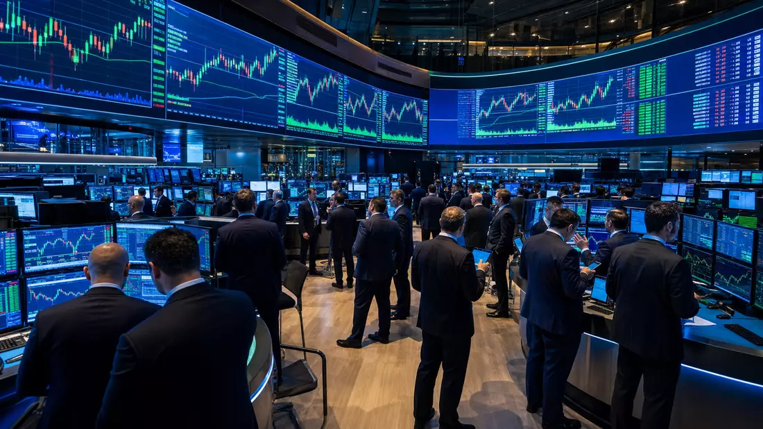 Trading-Floor mit Tech-Charts, Bezug zu Western Digital, ISIN US9581021055