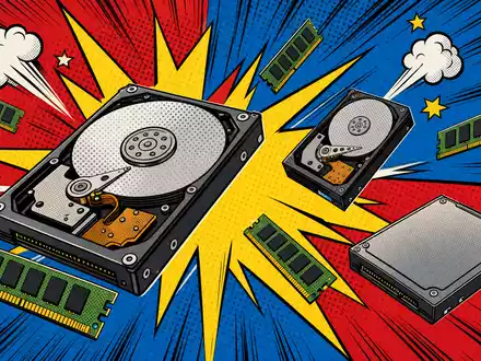 Pop-Art-Comic zeigt bunte Festplatten und Speicherchips als Symbol für Western Digital, ISIN US9581021055, im Retro-Stil - Foto: THN