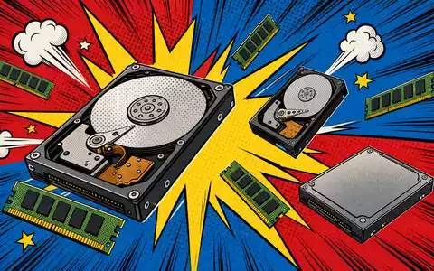 Pop-Art-Comic zeigt bunte Festplatten und Speicherchips als Symbol für Western Digital, ISIN US9581021055, im Retro-Stil - Foto: THN