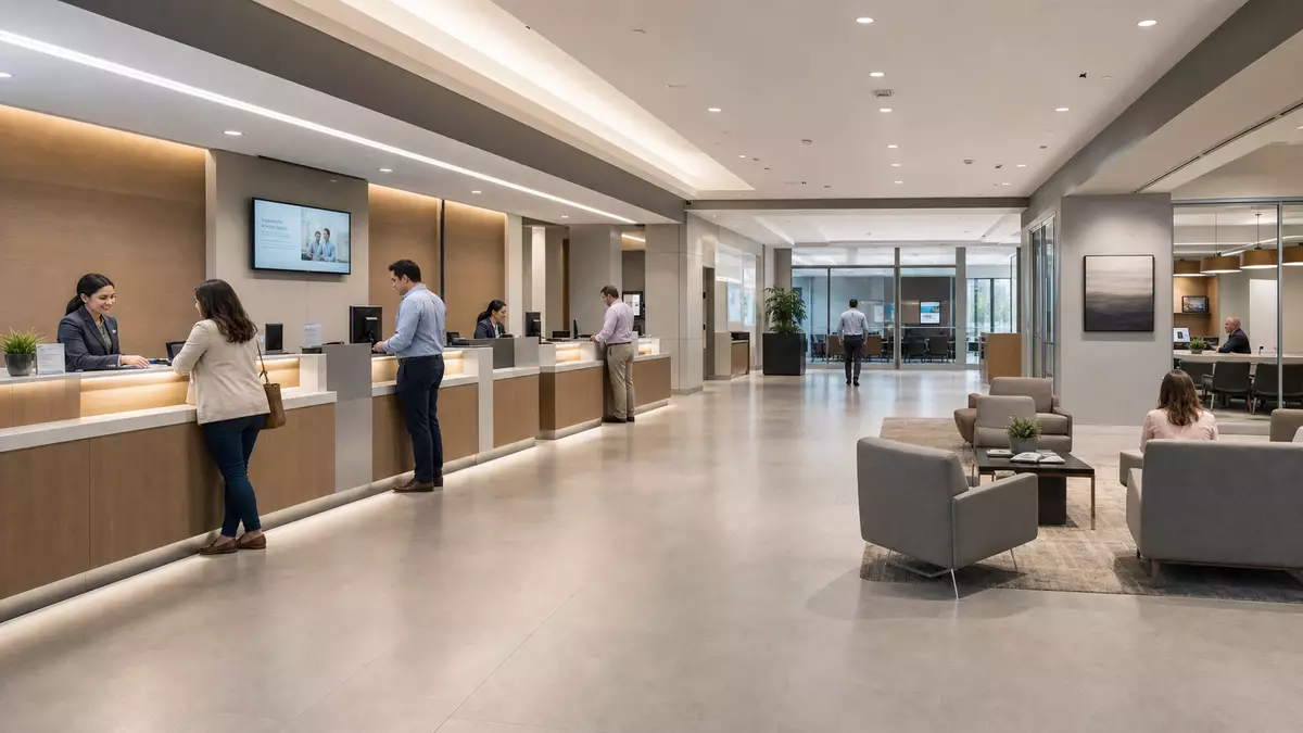 Moderne Bankfiliale mit Kundenberatung, Wells Fargo & Co., ISIN US9497461015