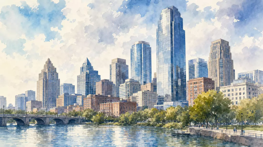 Aquarell einer Stadtskyline mit Finanzdistrikt, Wells Fargo & Co., US9497461015