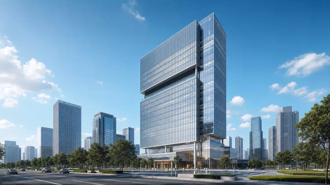 3D-Render eines gläsernen Bürohochhauses, Wells Fargo & Co., ISIN US9497461015
