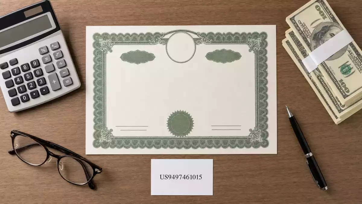 Flatlay Aktienzertifikat mit ISIN-Karte und Geld, Wells Fargo & Co., US9497461015