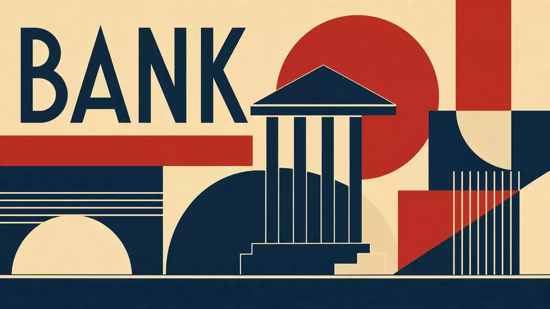 Geometrisches Bauhaus-Poster mit Banksymbol, Wells Fargo & Co., ISIN US9497461015