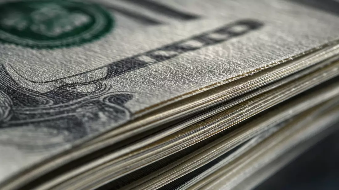 Makroaufnahme gestapelter Dollarnoten mit Papierstruktur, Wells Fargo & Co., US9497461015
