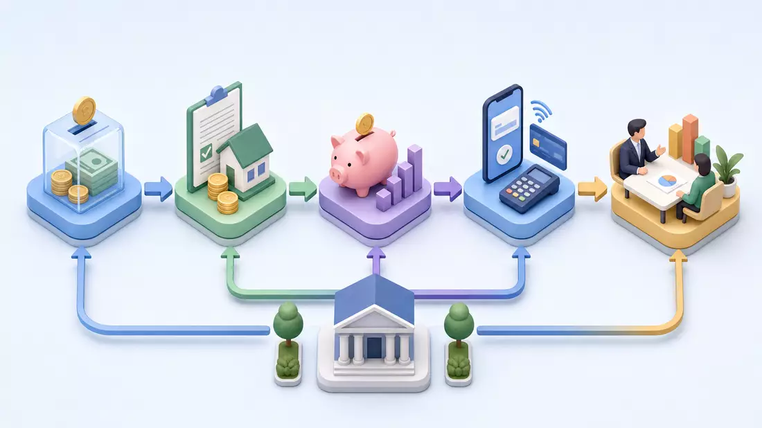 Isometrisches 3D-Diagramm der Bankwertschöpfungskette, Wells Fargo & Co., US9497461015