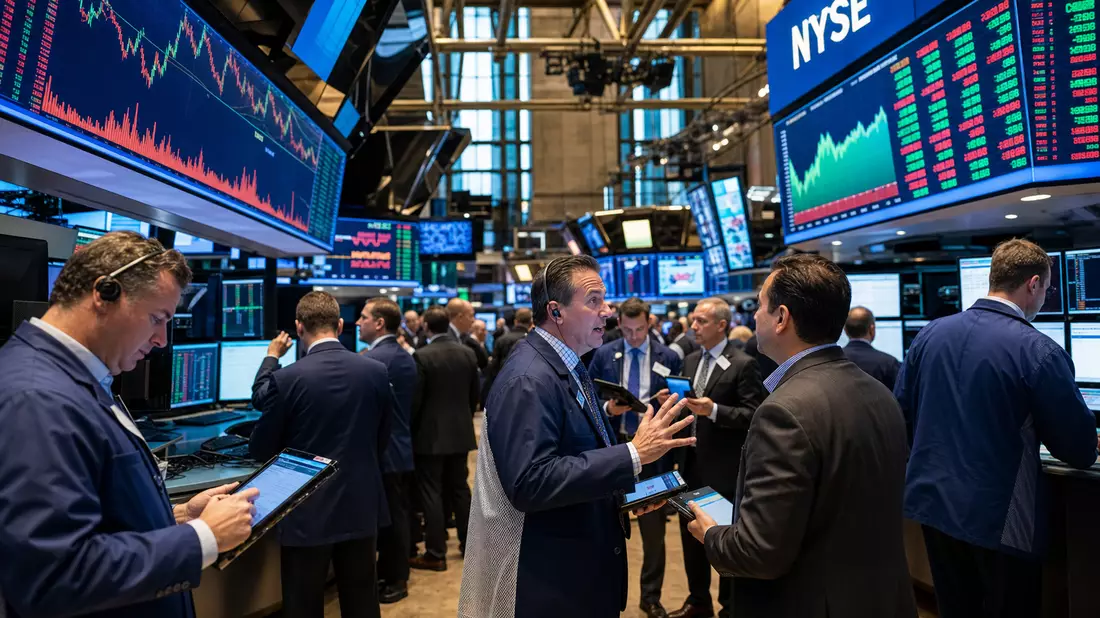 Trading-Floor der NYSE mit Kurscharts, Wells Fargo & Co., ISIN US9497461015