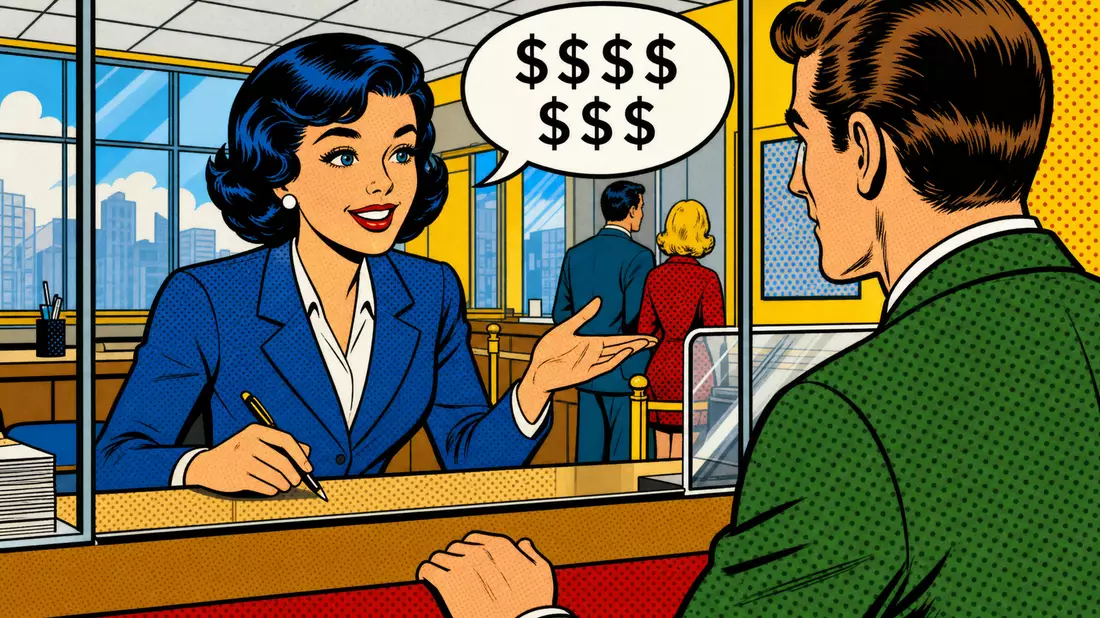 Pop-Art-Comic mit Bankschalter und Kundengespräch, Wells Fargo & Co., US9497461015