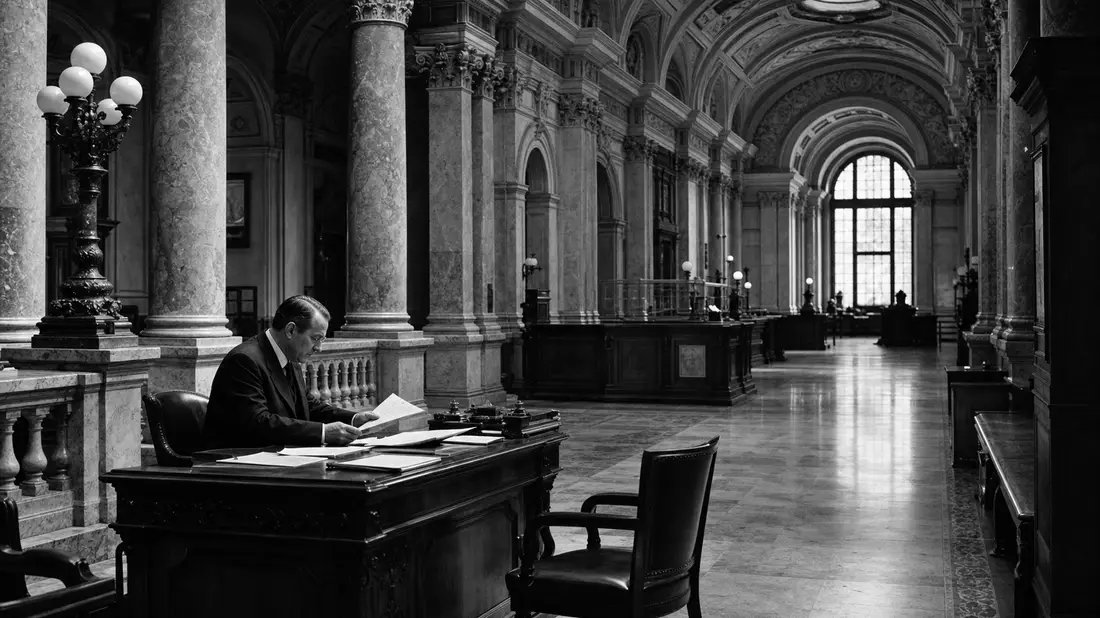 Schwarzweiß-Reportage, klassischer Banksaal mit Marmorsäulen und Bankier