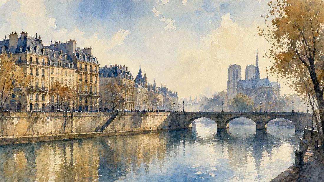 Aquarell der Pariser Seine mit Brücke und Notre-Dame im Morgendunst
