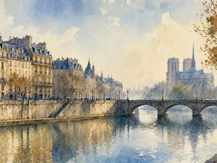 BNP Paribas S.A. FR0000131104 – Aquarell der Seine mit Haussmann-Fassaden und Notre-Dame im Morgenlicht - Foto: THN