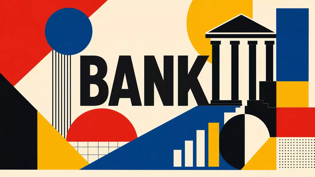 Bauhaus-Grafik mit BANK-Schriftzug, Primärfarben und geometrischen Formen