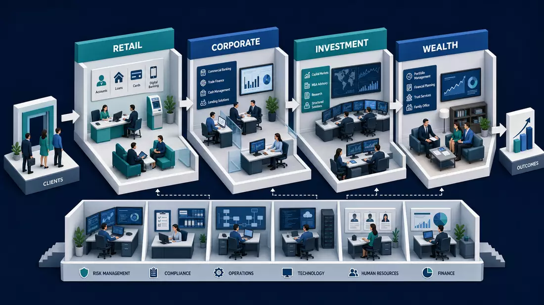 Isometrisches 3D-Prozessdiagramm mit Bankbereichen Retail, Corporate, Investment, Wealth
