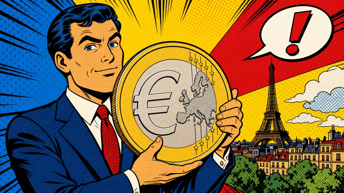 Pop-Art-Comic mit Banker und Euromünze vor Eiffelturm in Primärfarben