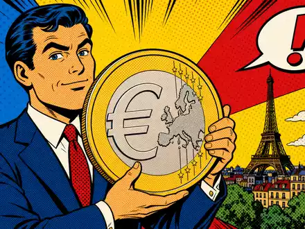 BNP Paribas S.A. FR0000131104 – Pop-Art-Comic mit Banker, Euromünze und Eiffelturm-Silhouette Paris - Foto: THN