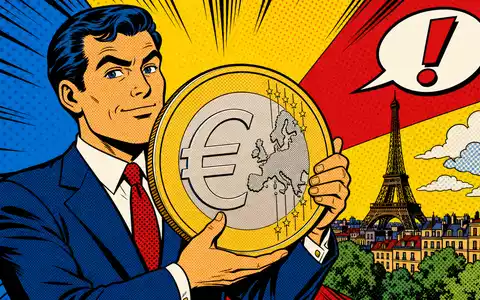 BNP Paribas S.A. FR0000131104 – Pop-Art-Comic mit Banker, Euromünze und Eiffelturm-Silhouette Paris - Foto: THN