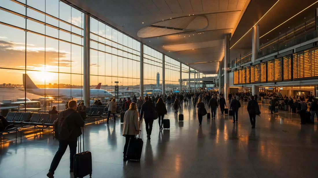 Internationaler Flughafenterminal bei Sonnenuntergang mit Reisenden und Abflugtafel