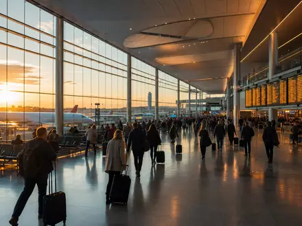 Booking Holdings Inc. zeigt internationalen Flughafenterminal bei Sonnenuntergang mit Reisenden und Gepäck US09857L1089 - Foto: THN