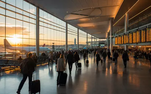 Booking Holdings Inc. zeigt internationalen Flughafenterminal bei Sonnenuntergang mit Reisenden und Gepäck US09857L1089 - Foto: THN