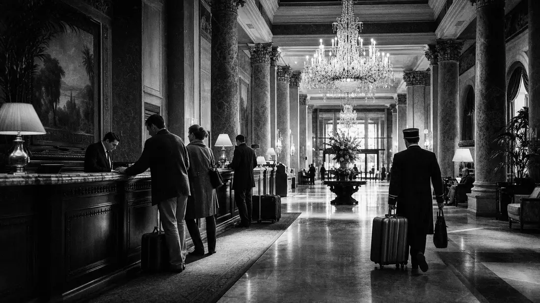 Elegante Hotellobby mit Kronleuchter und Concierge in Schwarzweiß-Reportagefotografie