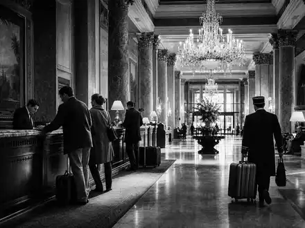 Booking Holdings Inc. präsentiert klassische Hotellobby in dokumentarischem Schwarzweiß mit Concierge US09857L1089 - Foto: THN