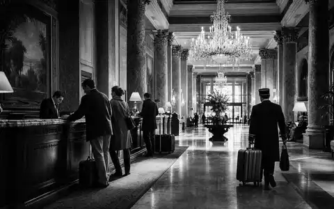 Booking Holdings Inc. präsentiert klassische Hotellobby in dokumentarischem Schwarzweiß mit Concierge US09857L1089 - Foto: THN