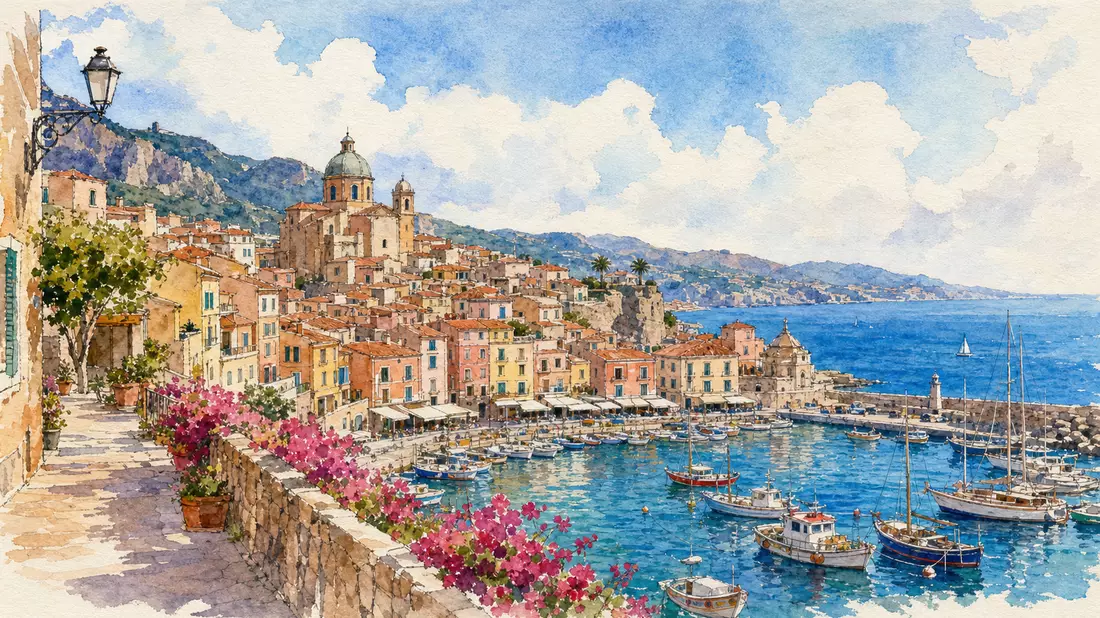 Mediterraner Küstenort mit Hafen und Booten in weicher Aquarell-Malerei