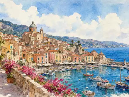 Booking Holdings Inc. illustriert mediterranes Reiseziel als farbenfrohes Aquarell mit Hafen US09857L1089 - Foto: THN