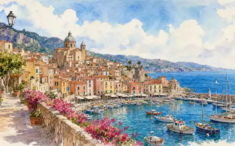 Booking Holdings Inc. illustriert mediterranes Reiseziel als farbenfrohes Aquarell mit Hafen US09857L1089 - Foto: THN
