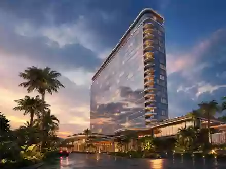 Booking Holdings Inc. visualisiert modernen Luxushotelturm als professionelles Architektur-Render bei Dämmerung US09857L1089 - Foto: THN