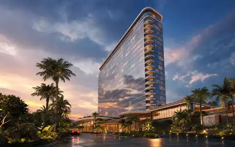 Booking Holdings Inc. visualisiert modernen Luxushotelturm als professionelles Architektur-Render bei Dämmerung US09857L1089 - Foto: THN