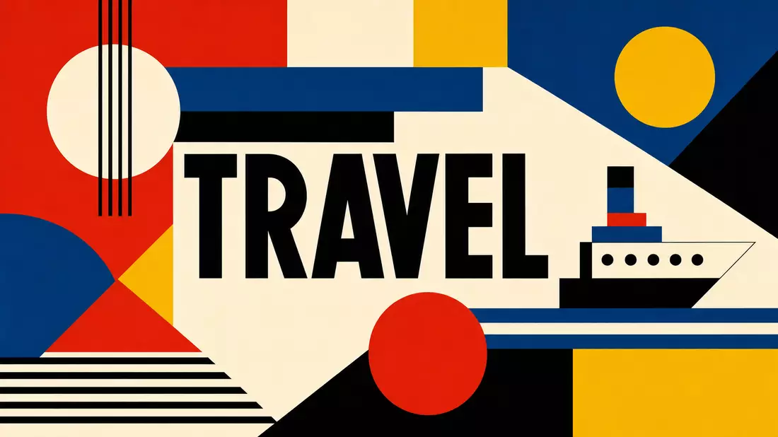 Bauhaus-Poster mit geometrischen Formen, Primärfarben und großem TRAVEL-Text